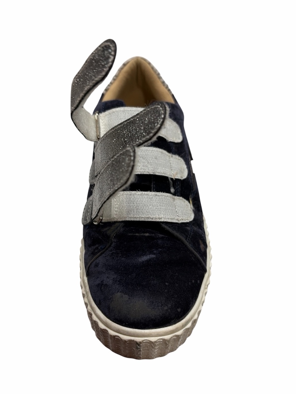 Navy Suede Platform Sneakers with Silver Glitter Straps - Picture 3 of 10